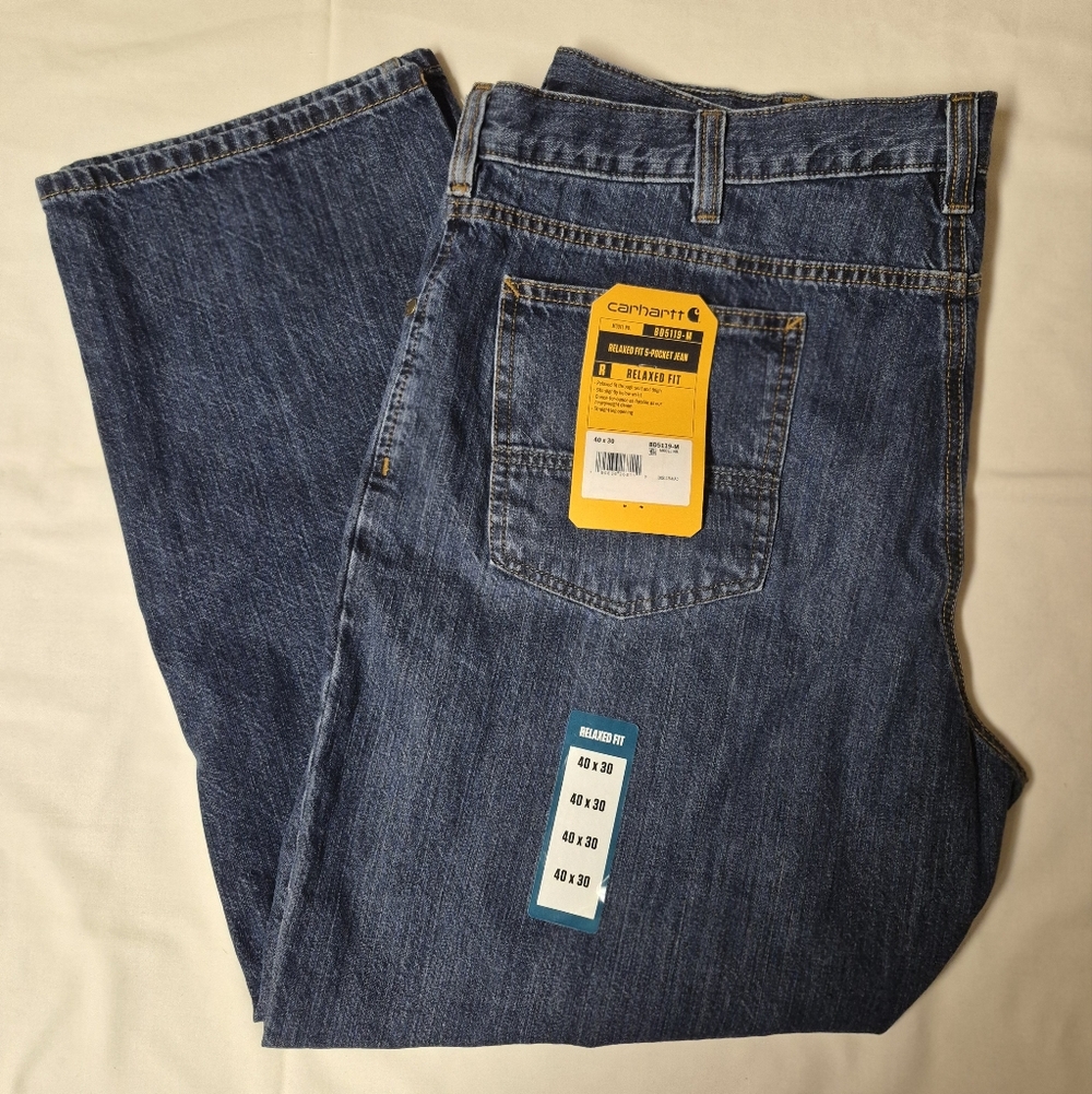 Carhartt Mens Relaxed Fit 5 Pocket Straight Leg Jean Dark Wash Blue 40x30 BD5119